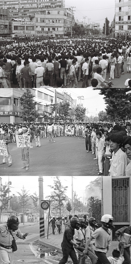 1987년 6월19일 원주시 지하상가 사거리에서 시민, 학생 5,000여명이 시국토론회를 갖고 있다. 시 토론회는 20일, 21일로 이어졌고 집회 후 원주시내를 돌며 평화 가두시위를 벌였다. ◇1987년 6월, 원주민주화 시위 현장에서 경찰이 시위 학생들을 연행하고 있다.