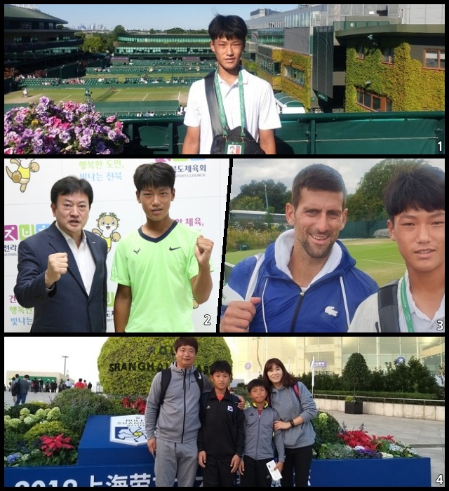 (1) 윔블던에서 조세혁 /사진=가족제공 (2) 6월 23일 정강선 전라북도체육회장이 조세혁선수와 화이팅을 외치고 있다./사진=전북도체육회 (3) 조세혁이 자신의 우상 노박 조코비치와 찍은 사진/사진=가족 제공 (4) 조세혁 가족사진 2019년 중국 국제대회당시 왼쪽부터 조성규 전무이사, 조세혁, 동생 조민혁, 어머니 황선숙씨/사진=가족제공