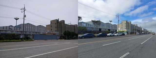 2017년 7월 1일 공장 가동을 멈춘 현대중 군산조선소가 4일부터 재가동에 들어갔다. 오른쪽부터 공장 출입문이 굳게 닫혀 있는 과거 모습과 4일 현재 모습/사진=이환규 기자