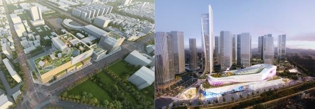 광주신세계 ‘미래형 프리미엄 백화점’ 조감도(왼쪽)와 더 현대 광주 복합쇼핑몰 조감도