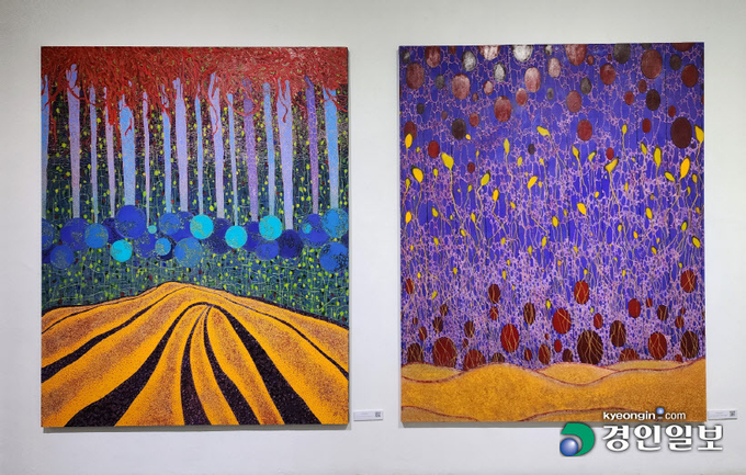 김지섭 作 '이상한 풍경45'(왼쪽), '이상한 풍경47', 163㎝×131㎝, oil on canvas, 2022. /김성호기자 ksh96@kyeongin.com