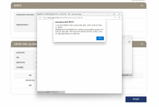 ◇지난 6일 고향사랑e음 홈페이지에서 기부절차 진행 중 오류가 발생한 모습(사진=고향사랑e음 홈페이지 갈무리)