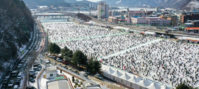 ◇화천산천어축제장 얼음낚시터를 가득 메운 관광객들이 손맛을 즐기고 있으며 옆에는 축제장으로 이어지는 자동차 행렬이 꼬리를 물고 있다.
