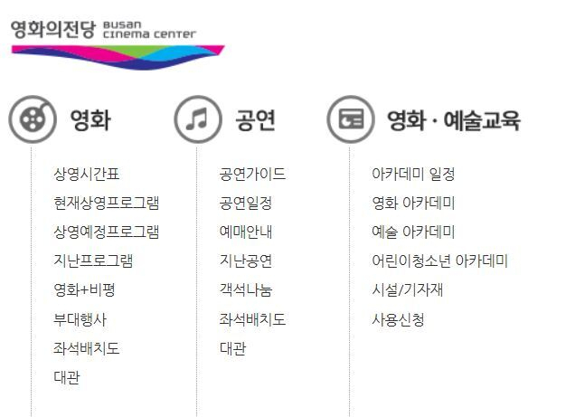 영화의전당 전경(위쪽)과 <부산일보> 시네마테크 기획전 축소 논란 보도 이후 ‘시네마테크 소개’ 항목을 숨긴 영화의전당 홈페이지. 부산일보DB
