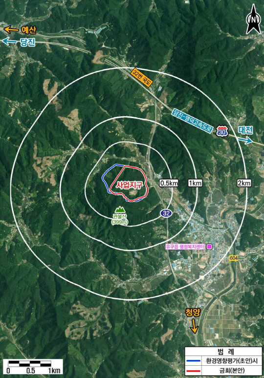 충남 공주시 유구읍 관불산 인근에 축구장 50개 규모의 채석단지를 지정하는 사업이 추진되고 있다. 사업지구를 위성으로 바라본 모습. 사진=공주시 제공