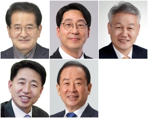 국민의힘 예비후보 김경민, 진보당 예비후보 강성희, 무소속 예비후보 김광종(위 왼쪽부터), 무소속 예비후보 김호서, 무소속 예비후보 임정엽(아래 왼쪽부터)