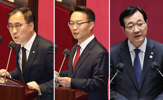 국민의힘 최형두(왼쪽부터), 조해진 의원과 더불어민주당 민홍철 의원이 10일 국회 전원위원회에서 발언하고 있다./연합뉴스/