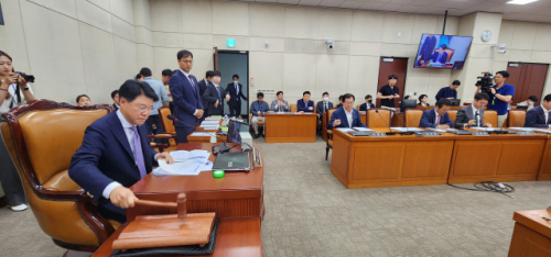 24일 국회 행정안전위원회 전체회의가 열린 가운데 장제원 위원장이 강원특별자치도법 전부개정안의 가결을 선포하며 의사봉을 두드리고 있다.