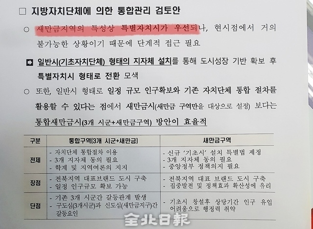 새만금 행정체계 설정 연구용역 관리 방안 연구용역 결과 자치단체의 반발만 아니라면 특별자치시 설치가 우선된다는 내용/출처=새만금 행정체계 관리 연구용역 보고서