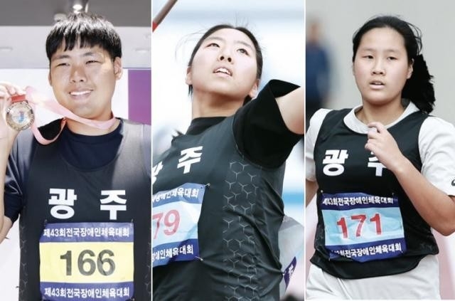 육상 창던지기 김천천(왼쪽부터), 육상 창던지기 김지혜, 육상 T13 400m 김선정.