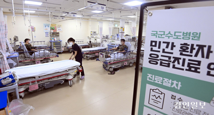 전공의들의 집단 사직으로 의료대란이 가시화하면서 정부가 군 병원 12곳의 응급실을 민간인에게 개방한 20일 오전 성남시 국군수도병원 응급실에서 의료진이 진료 준비를 하고 있다. 2024.2.20 /이지훈기자 jhlee@kyeongin.com