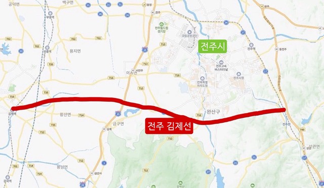 광주시가 제5차 국가철도망 계획에 건의한 전주광주선 가운데 전주김제선 예상 노선도.