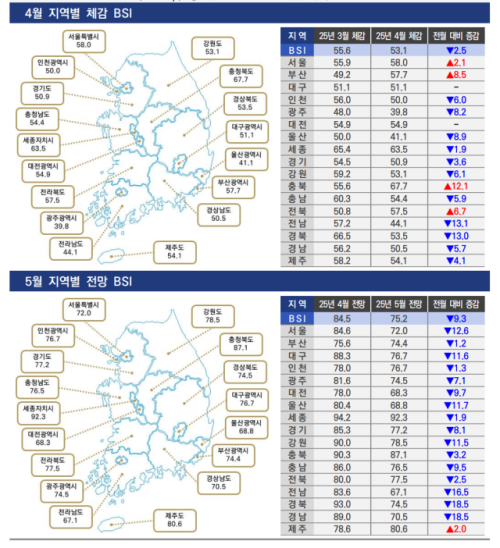 2025년 지역별 소상공인 체감 및 전망 BSI. 자료=소상공인진흥공단