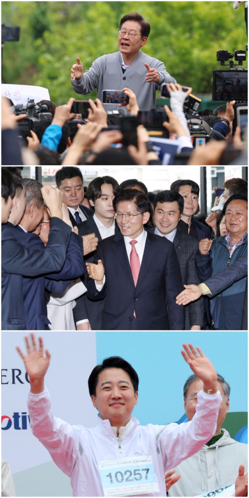 제21대 대통령선거 공식 선거운동 시작을 하루 앞둔 11일 남도문화벨트 골목골목 경청투어에 나선 더불어민주당 이재명 대선 후보(위쪽부터), 지지자들의 환호를 받으며 국민의힘 당사로 들어서는 국민의힘 김문수 대선 후보, 다이아몬드브릿지 걷기축제에 참가해 시민들과 인사하는 개혁신당 이준석 대선 후보의 모습. 연합뉴스