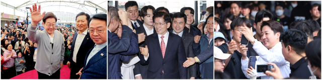 제21대 대통령선거 공식 선거운동 시작을 하루 앞둔 11일 전남 남도문화벨트 골목골목 경청투어에 나선 더불어민주당 이재명(왼쪽부터) 대선 후보, 지지자들의 환호를 받으며 국민의힘 당사로 들어서는 국민의힘 김문수 대선 후보, 부산 다이아몬드브릿지 걷기축제에 참가해 시민들과 인사하는 개혁신당 이준석 대선 후보의 모습./연합뉴스/