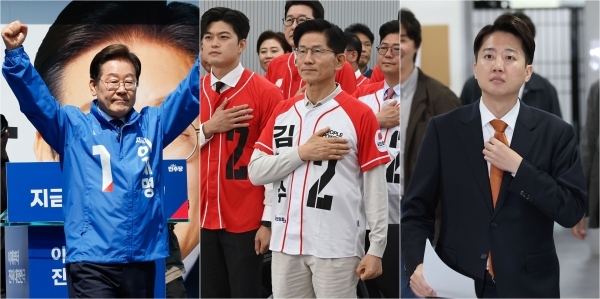 21대 대통령 선출을 위한 공식 선거운동이 시작된 12일 더불어민주당 이재명 대선 후보(왼쪽)가 서울 광화문 청계광장에서 열린 출정식에서 후보 연설을, 국민의힘 김문수 대선 후보(가운데)가 여의도 중앙당사에서 열린 중앙선대위 임명장 수여식에서 국민의례를, 개혁신당 이준석 대선 후보가 국회 소통관에서 선거 구상 발표 준비를 각각 하고 있다. 연합뉴스