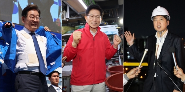 대선 공식 선거운동이 12일 시작된 가운데 더불어민주당 이재명 대선 후보(왼쪽)는 서울 광화문 청계광장에서 출정식을 열고 방탄복 위에 선거운동복을 입었다. 국민의힘 김문수 대선 후보(가운데)는 서울 송파구 가락시장을 찾아 상인들을 만났고, 개혁신당 이준석 대선 후보는 전남 여수시 금호피앤비화학 여수2공장을 방문했다. 연합뉴스