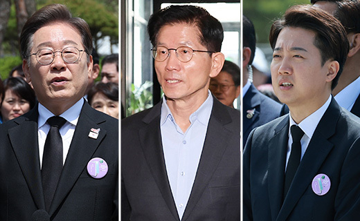 더불어민주당 이재명(왼쪽)대선후보와 개혁신당 이준석(오른쪽) 대선 후보가 18일 광주광역시 북구 국립 5·18민주묘지에서 열린 5·18민주화운동 45주년 기념식에 참석하고 있다. 국민의힘 김문수 대선후보가 18일 경제 공약 발표를 위해 서울 여의도 국민의힘 중앙당사에 들어서고 있다./연합뉴스/