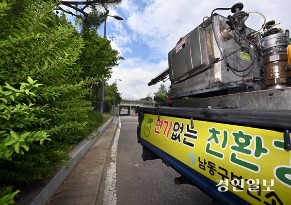 30일 인천시 남동구 체육회 인근 공원에서 보건소 방역 차량이 러브버그 방역 작업을 하고 있다. 2025.6.30 /김용국기자 yong@kyeongin.com