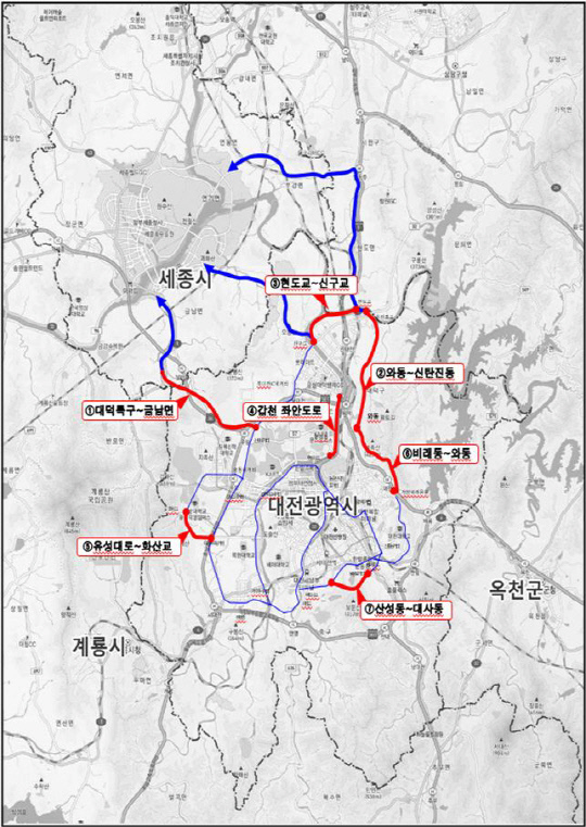충청권 광역도로망 구축사업 위치도. 대전시 제공