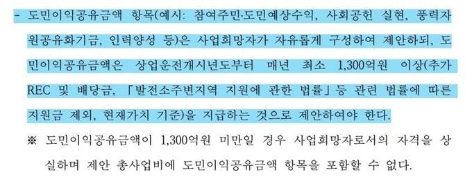 제주에너지공사가 공고한 추자 해상풍력 사업 도민이익기금 금액 내역.