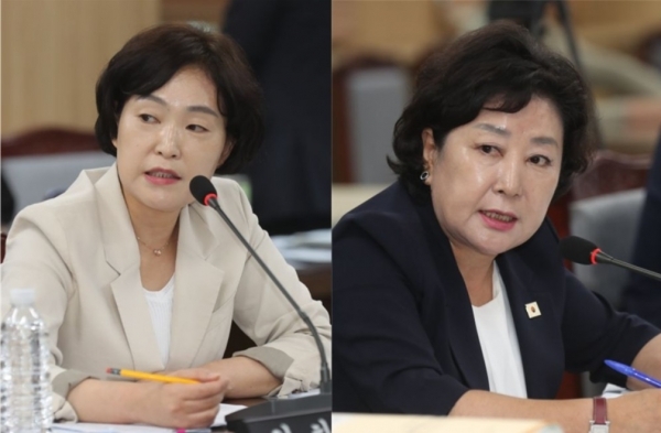 제주도의회 예산결산특별위원회 소속 강하영 의원(국민의힘·비례대표.왼쪽)과 박두화 의원(더불어민주당·비례대표)이 12일 2회 추경안 심사에서 집행부를 상대로 질의하고 있다.