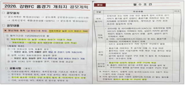 올해 7월 강원FC가 춘천시와 강릉시에 보낸 '2026 강원FC 홈경기 개최 신청서 제출 요청' 공문에 첨부된 공모 계획 서류. 개최 지원금이 더 높은 도시에서 하반기 경기 개최, 홈경기장 상업적 명명권 구단 제공, 협의 불가시 구단 결정에 따름 등 지자체에 불리한 조항들이 담겨 있다.
