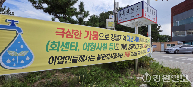 강릉시가 최근 장기화되고 있는 가뭄으로 생활용수 확보에 어려움을 겪고 있는 가운데 8일 강릉항 안목어촌계가 가뭄극복을 위한 단수 현수막을 내걸고 있다. 강릉=권태명기자