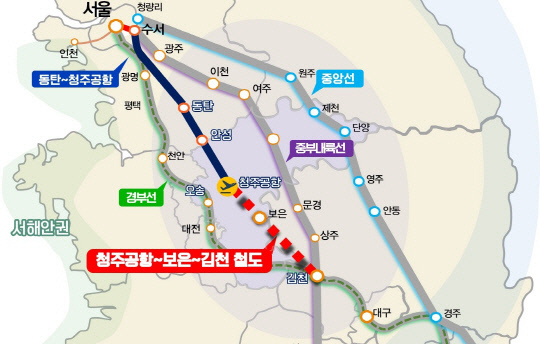 청주공항-보은-김천 철도 건설 노선(안). 충북도 제공