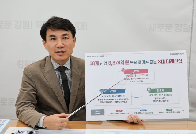 김진태 강원특별자치도지사가 27일 기자실에서 반도체·바이오·미래차 등 3대 미래산업 육성전략을 설명하고 있다.